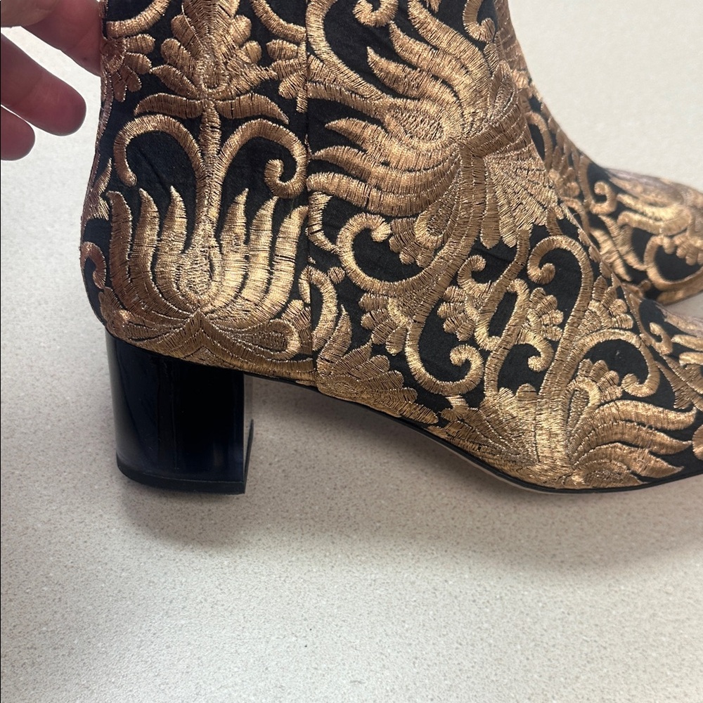 Tory Burch Black and Gold Embroidered Velvet Ankle Boots - Picture 2 of 4